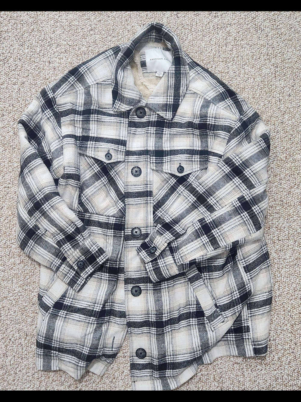 Womans American Eagle Black & Cream Plaid Faux-Fur Lined Shacket
